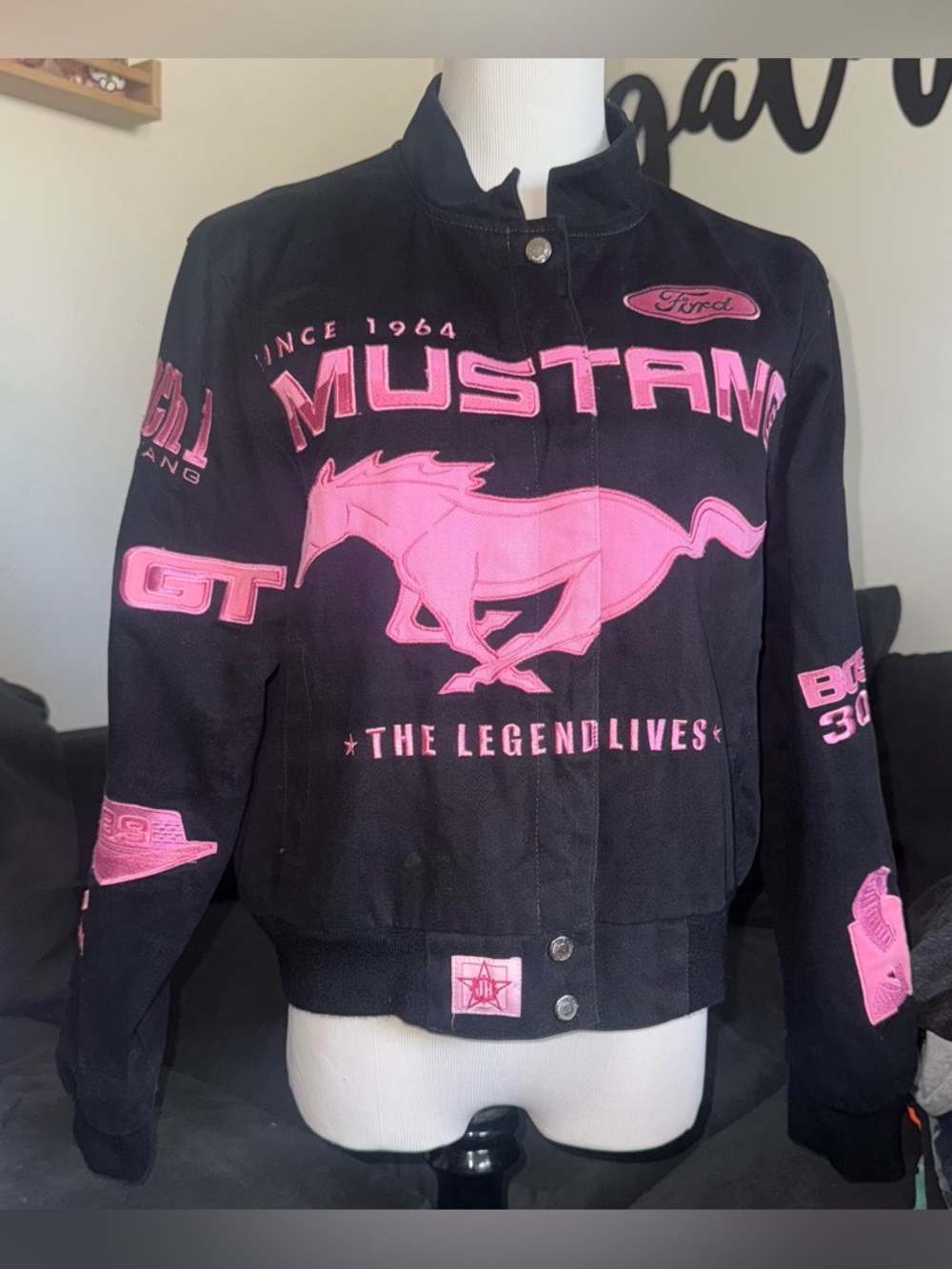 JH Design 1998 Pink Ford Mustang Racing Jacket Y2K rare HTF XLARGE Women’s
